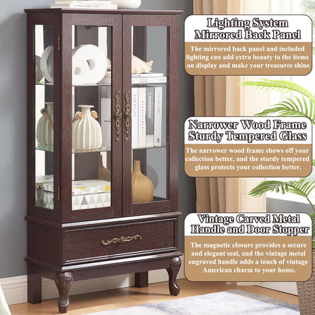 nifoti 51" H Lighted Curio Cabinet Display Case, Glass Curio Cabinet with Adjustable Shelves,Tempered Glass Door and Drawer, Wooden Cabinets w/Mirrored Back Pane for Living Room (Dark Cherry) nifoti