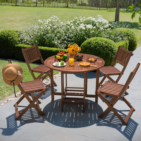 Devoko 5 PCS Patio Furniture, Patio Dining Set Acacia Wood Outdoor Table and Chairs, with 4 Folding Chairs and 37" Round Movable Table, Outdoor Dining Set for Lawn, Balcony, Garden Devoko