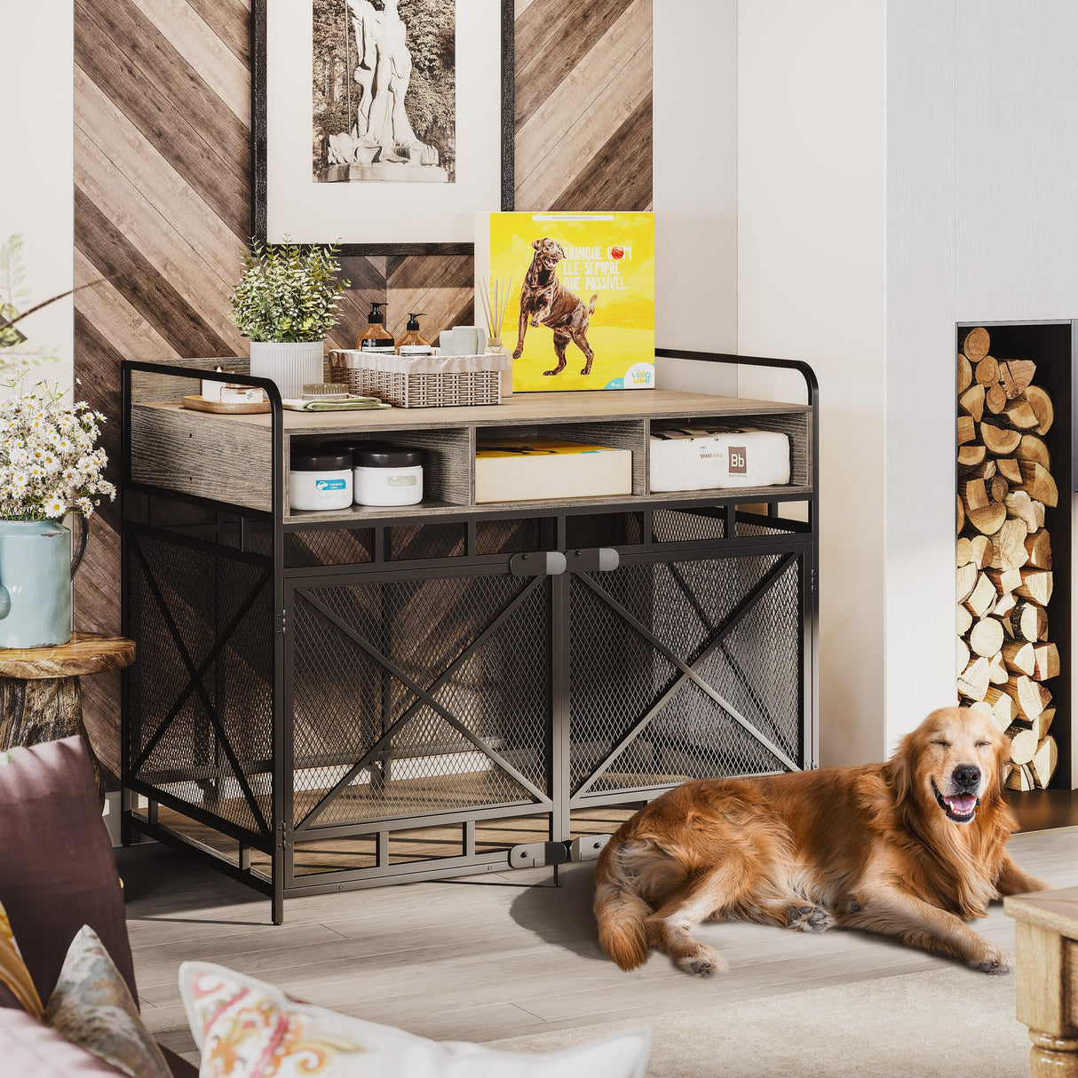 Fulhope Dog Crate Furniture,Wooden Dog Crate End Table,43 Inch Dog Kennel with Drawers,Heavy Duty Dog Crate,Decorative Pet Crate Dog Cage for Indoor 43.3" L x 27.6" W x 35.7" H (Grey) Fulhope