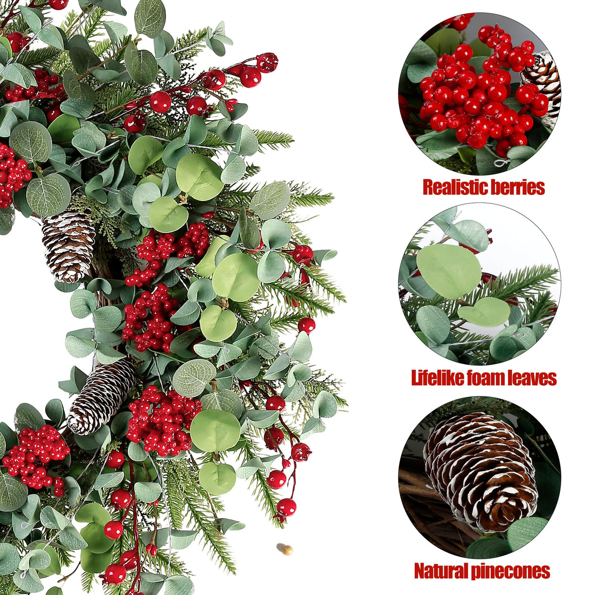Sggvecsy 22 Inch Artificial Christmas Wreath for Front Door Xmas Red Berry Wreath with Pine Needles Pine Cones Eucalyptus Leaves Christmas Decorations for Winter Wall Outdoor Home Holiday Xmas Decor Sggvecsy