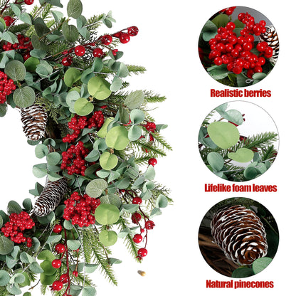 Sggvecsy 22 Inch Artificial Christmas Wreath for Front Door Xmas Red Berry Wreath with Pine Needles Pine Cones Eucalyptus Leaves Christmas Decorations for Winter Wall Outdoor Home Holiday Xmas Decor