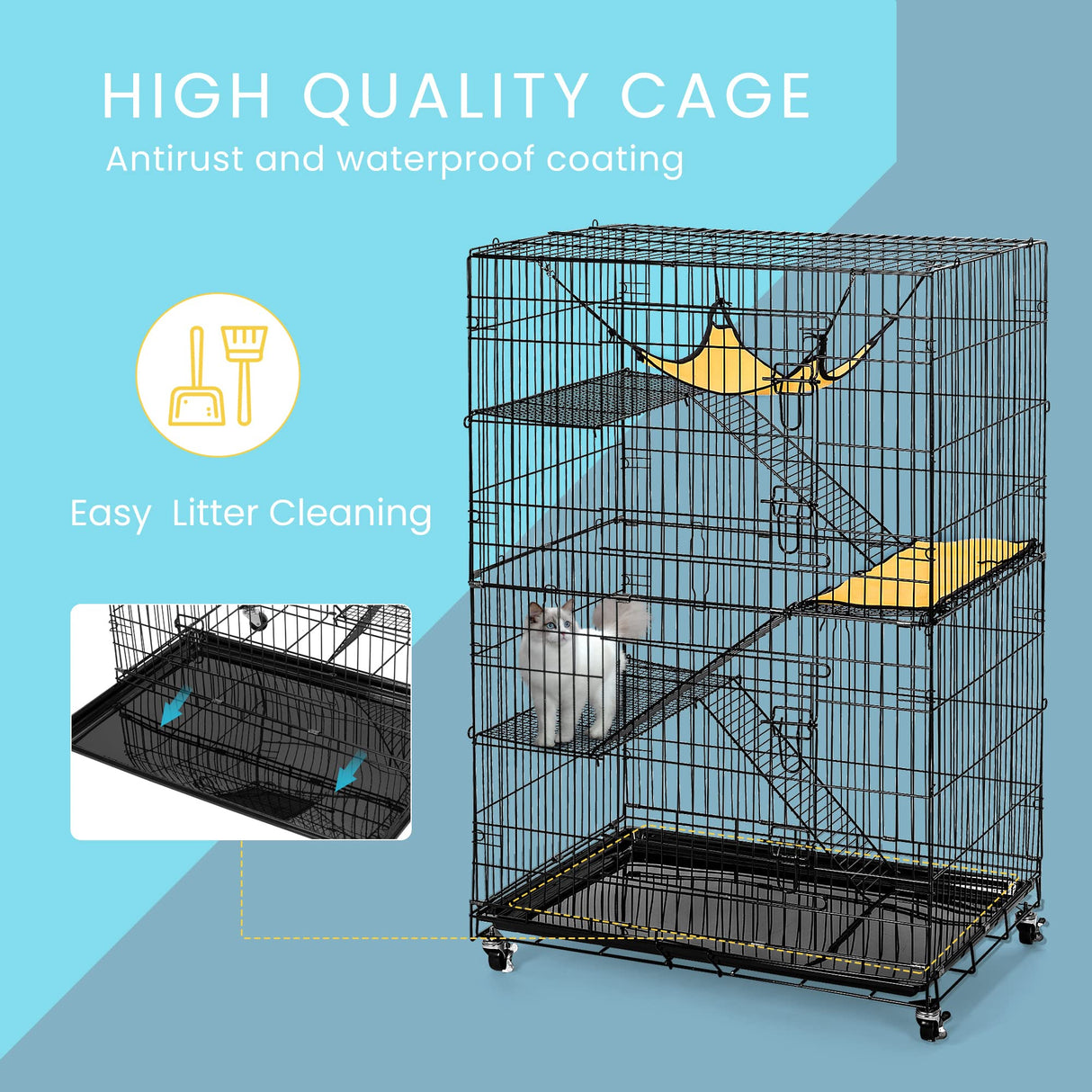 VIVOHOME 4-Tier 49 Inch Collapsible Metal Cat Kitten Ferret Cage 360° Rotating Casters Enclosure Pet Playpen with Ramp Ladders Hammock and Bed Black VIVOHOME