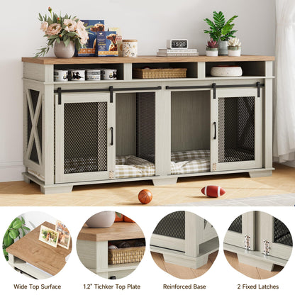 71" Dog Crate Furniture, Extra Large Wooden Double Dog Crate with 3 Storages and Removable Divider, Furniture Style Dog Crate Table Indoor TV Stand for Large Medium Dogs, White