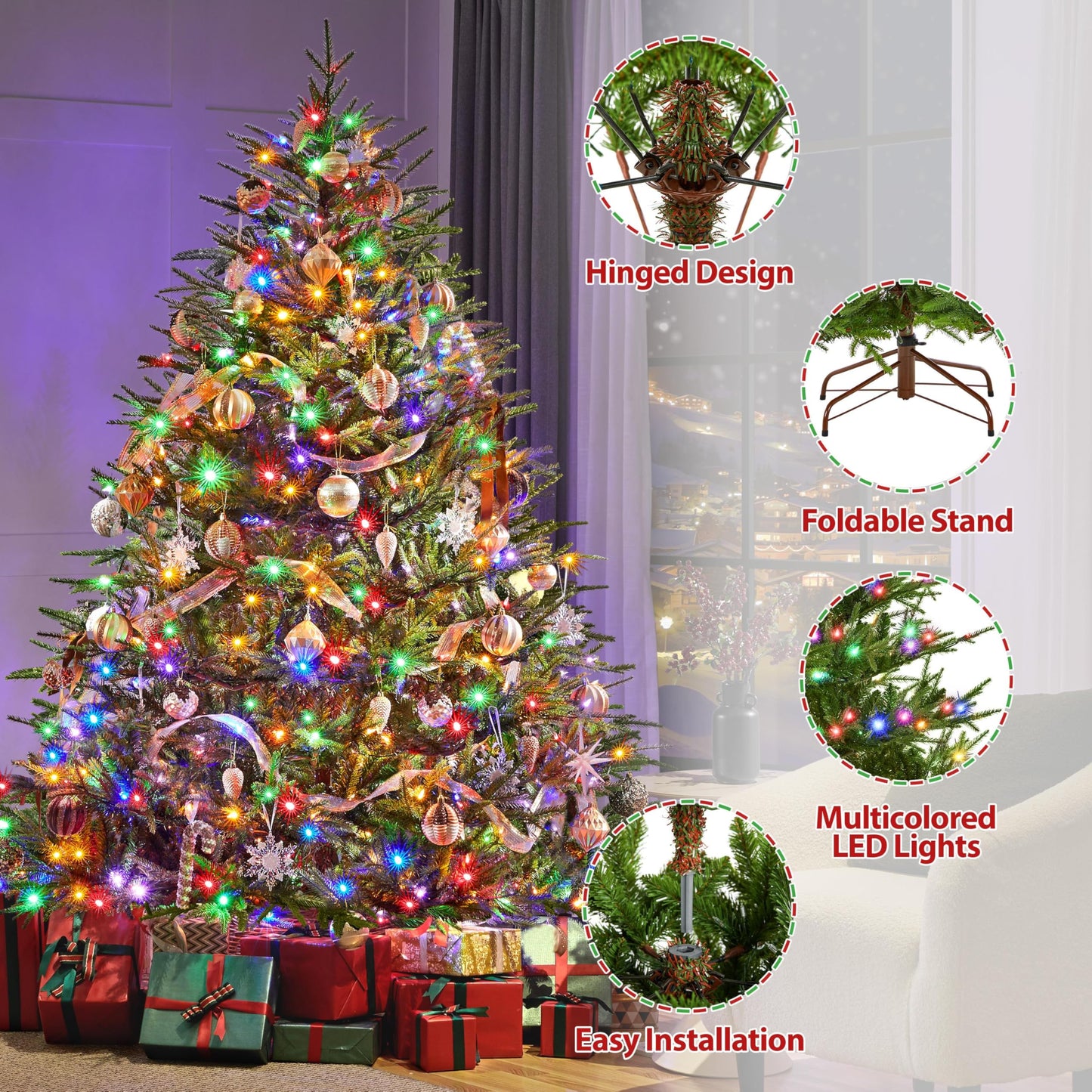 Yaheetech 7.5ft Full Christmas Tree with 1000 Multicolored LED Lights & 1821 Unique Forked Tips,Hinged Tree for Garden,Office,Pre-lit Artificial Christmas Tree with Foldable Metal Stand,Green