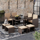 LHBcraft 9 Pieces Patio Dining Sets Outdoor Conversation Sets, Space Saving Wicker Chairs with Glass Table and Ottomans, Cushioned Seating and Back Sectional Dining Sets(BR-BE) LHBcraft