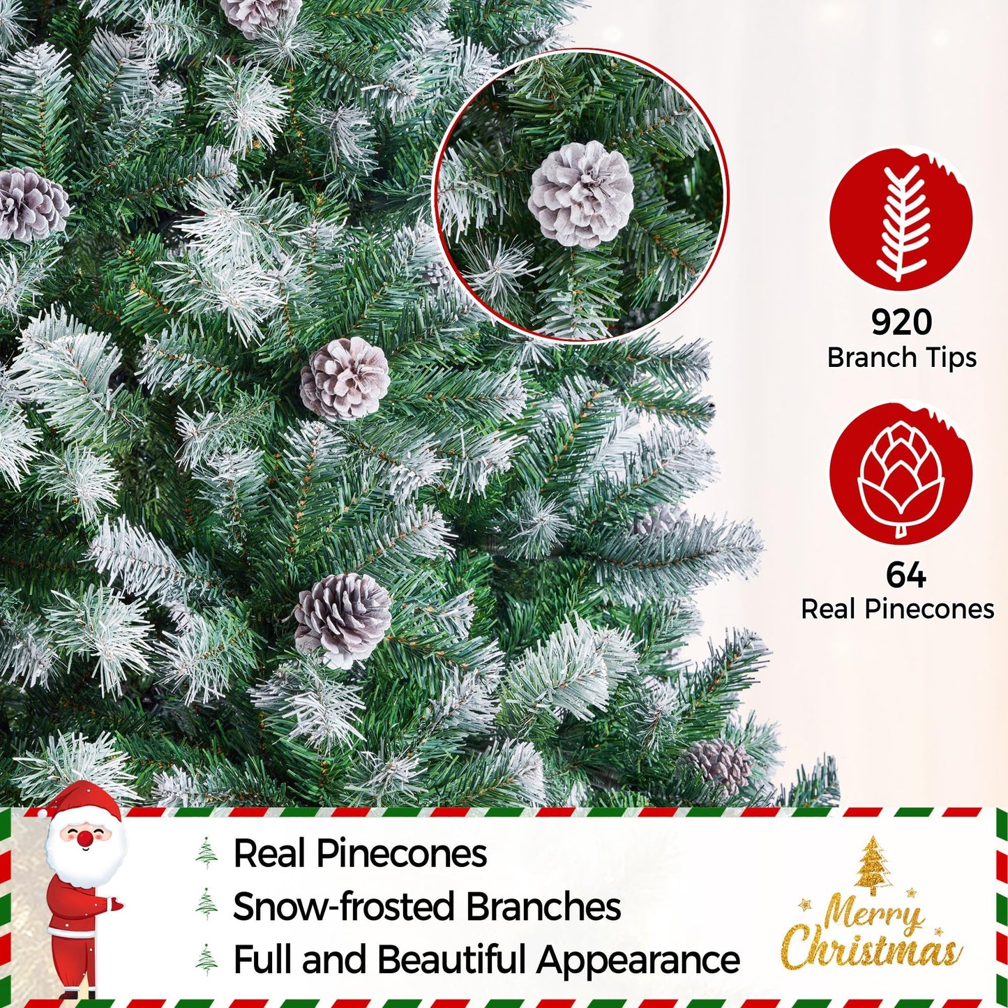 Yaheetech 6ft Artificial Christmas Tree, Snow Flocked Christmas Tree w/64 Pinecones, 920 Frosted Tips, Pre-Decorated Tree for Holiday Party Decoration