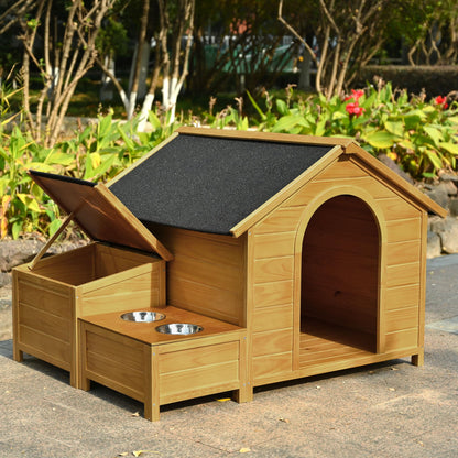 Merax 51.18" L x 43.7" W x 37" H Large Size Wooden Dog House, Dog Crate for Large Dog Breeds, Cabin Style Raised Dog Shelter with Asphalt Roof, Solid Wood, Weatherproof, Nature - WoodArtSupply