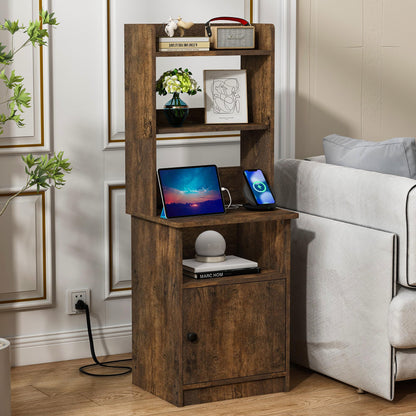 Clikuutory 47" Tall Rustic Nightstand with Charging Station, LED Lights, and Adjustable Shelves - WoodArtSupply