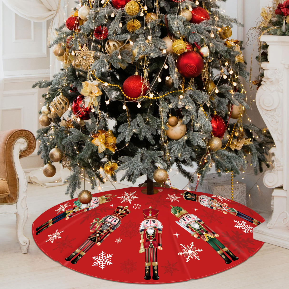 Christmas Tree Skirt 48 Inch Red Xmas Winter Tree Skirt Nutcracker Christmas Tree Skirt Collar Xmas Decoration Tree Mat Rustic Christmas Decorations for Home Office Winter Holiday Party Decor Fayoo