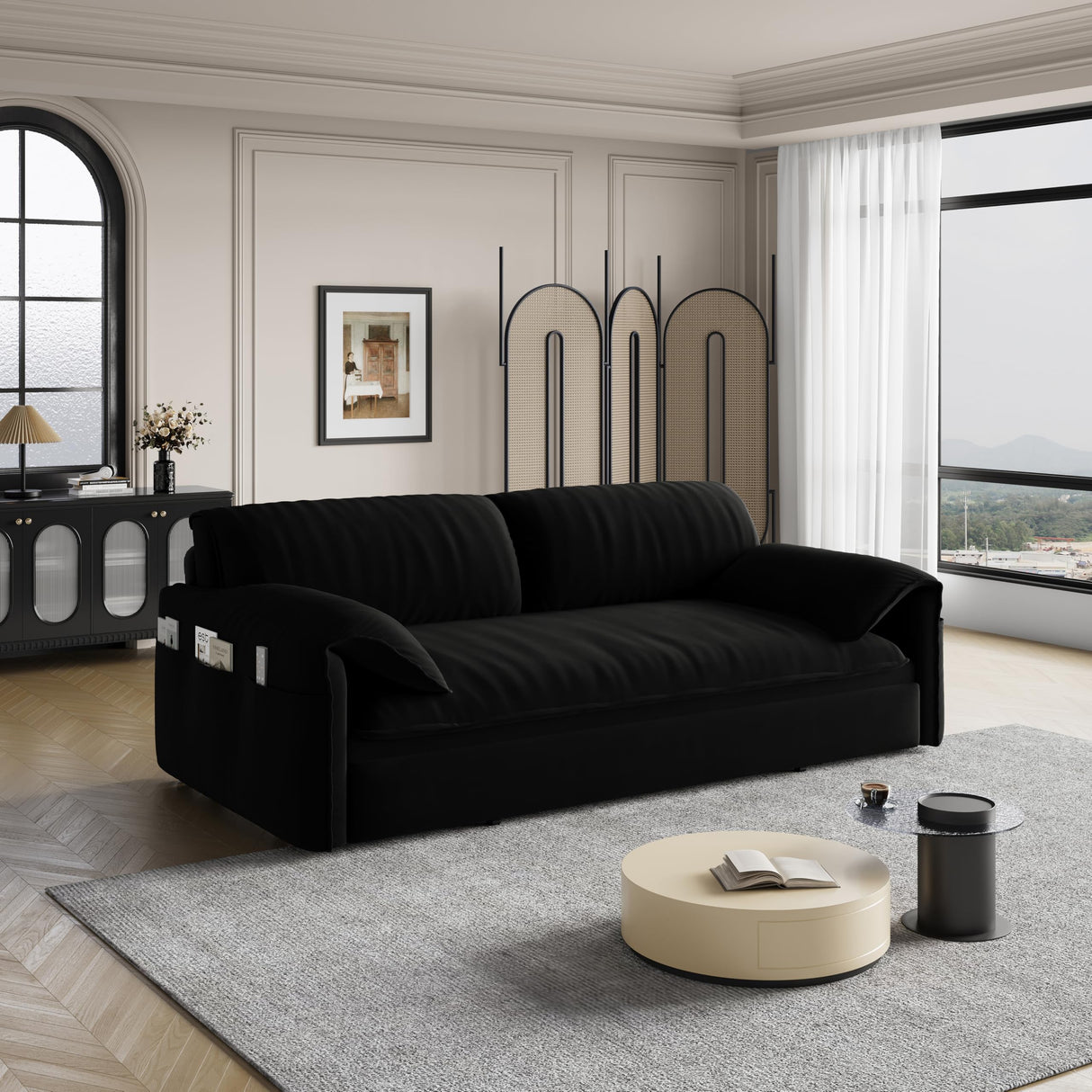 Winterstorm 62" Queen Pull Out Futon Sofa Bed with USB Ports, 3-in-1 Modern Convertible Sleeper Sofa with Side Pocket, Comfy Velvet Loveseat Couch for Living Room Bedroom Apartment (Queen, Black) Winterstorm