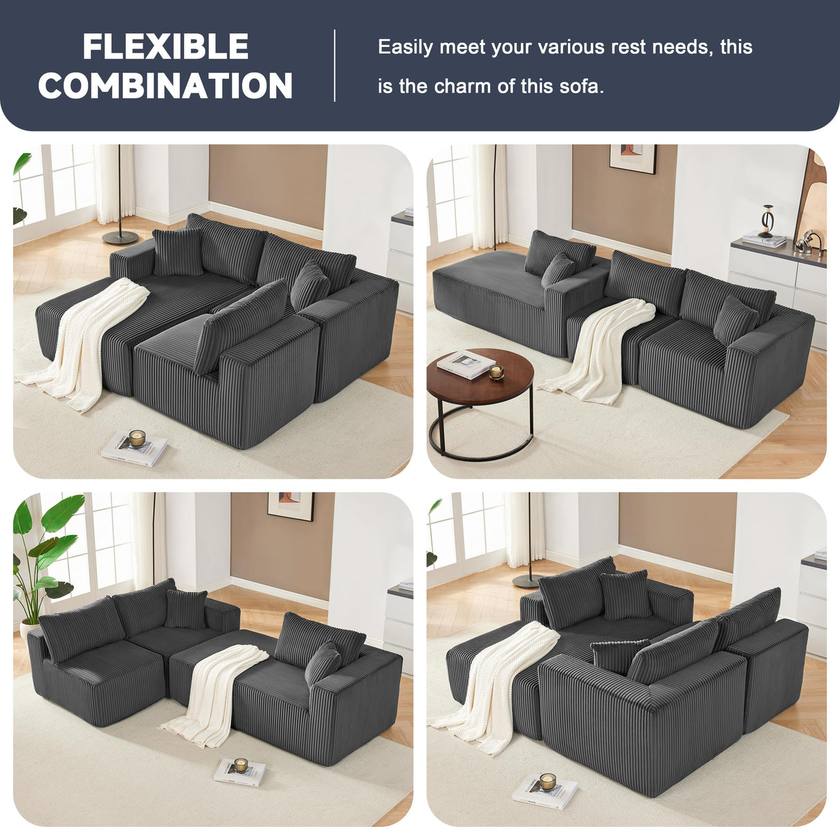 97" Boneless Couches for Living Room, Cloud Couch Sectional with Deep Seat, Comfy Couch with L-Shaped Chaise, Minimalist Upholstered Modular Sectional Sofa, No Assembly Required (Corduroy,Grey) Huatean Home