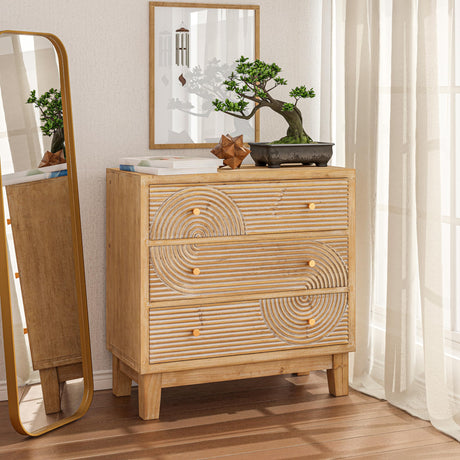 COZAYH 3-Drawer Farmhouse Dresser with Handicraft Wood Ring Motif, Fully Assembled Nightstand Wooden Finish for Boho, Mid-Century, Natural Wood, Rustic Style COZAYH