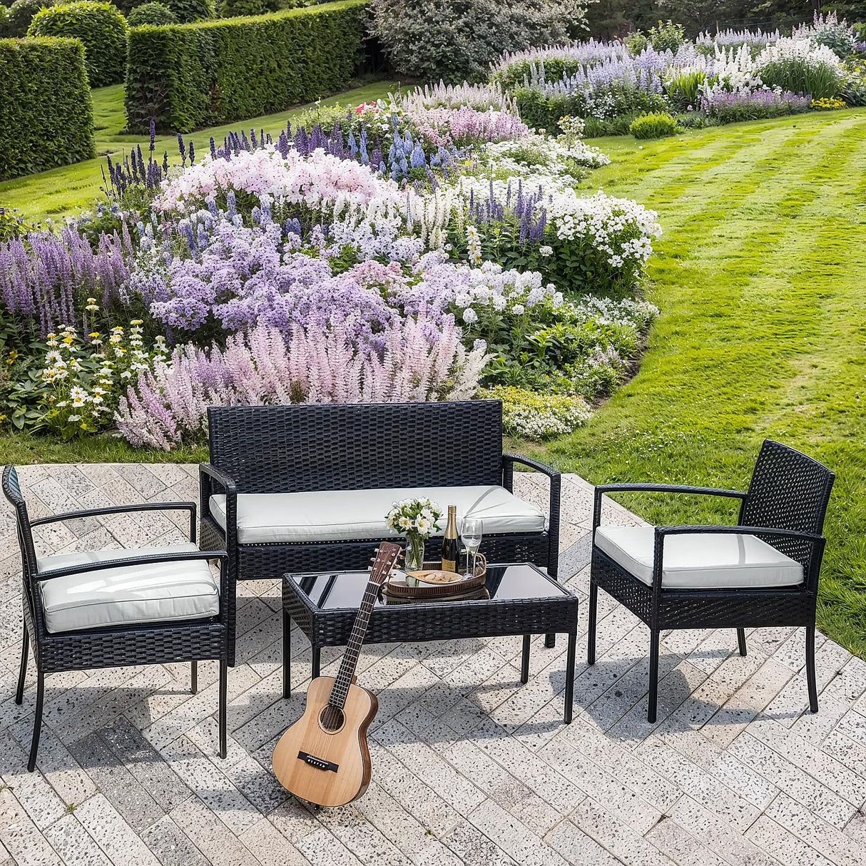 4-Piece Outdoor Wicker Sofa Set, Rattan Porch Furniture with Removable Cushions for Backyard, Balcony, and Deck - All-Weather Durability and Easy Assembly（Brown-Beige） Generic