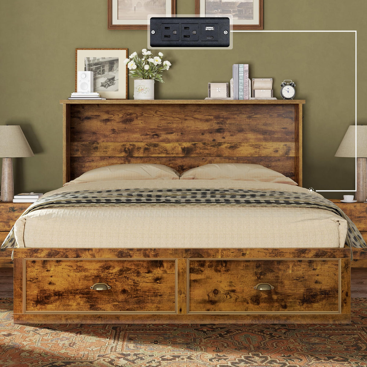 AMERLIFE Queen Size Murphy Bed, Farmhouse Wooden Cabinet with Charging Station and Storage Drawer for Bedroom/Office/Guest Room, Rustic Brown AMERLIFE