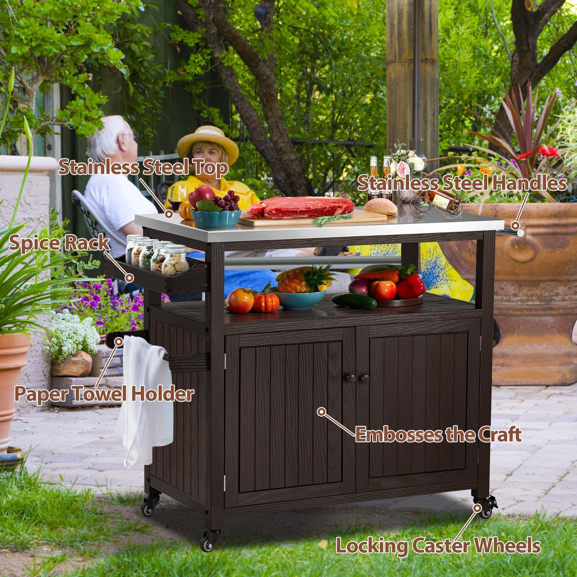 AHB Outdoor Grill Table Solid Wood Storage Cabinet, Rolling Kitchen Island, Movable Bar Cart with Stainless Steel Top for Outside Patio, Backyard, Garden (Two doors) - WoodArtSupply