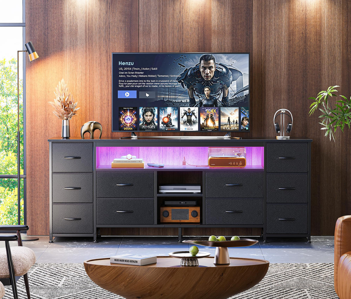Huuger 63 Inch LED TV Stand Dresser with Power Outlets, USB-C Port and LED Lights, 10 Fabric Drawer Dresser for Bedroom, Long Entertainment Center for 65, 70 Inch TV, Open Shelves, PU Leather, Black Huuger