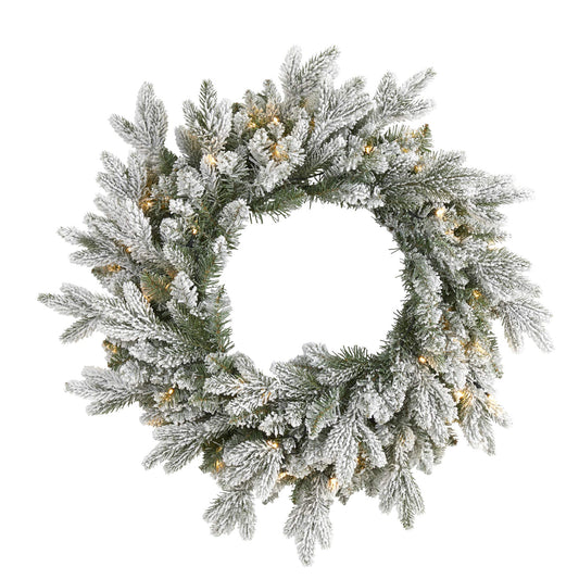 Nearly Natural 24in. Flocked Artificial Christmas Wreath with 50 LED Lights