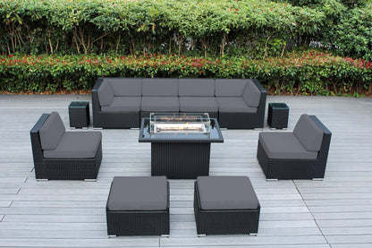 Ohana Depot 11 Piece Ohana Outdoor Patio Furniture Black Wicker Conversation Set with Fully Assembled Sectional and 42-inch Propane Gas Fire Table - WoodArtSupply