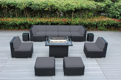 Ohana Depot 11 Piece Ohana Outdoor Patio Furniture Black Wicker Conversation Set with Fully Assembled Sectional and 42-inch Propane Gas Fire Table Ohana Depot