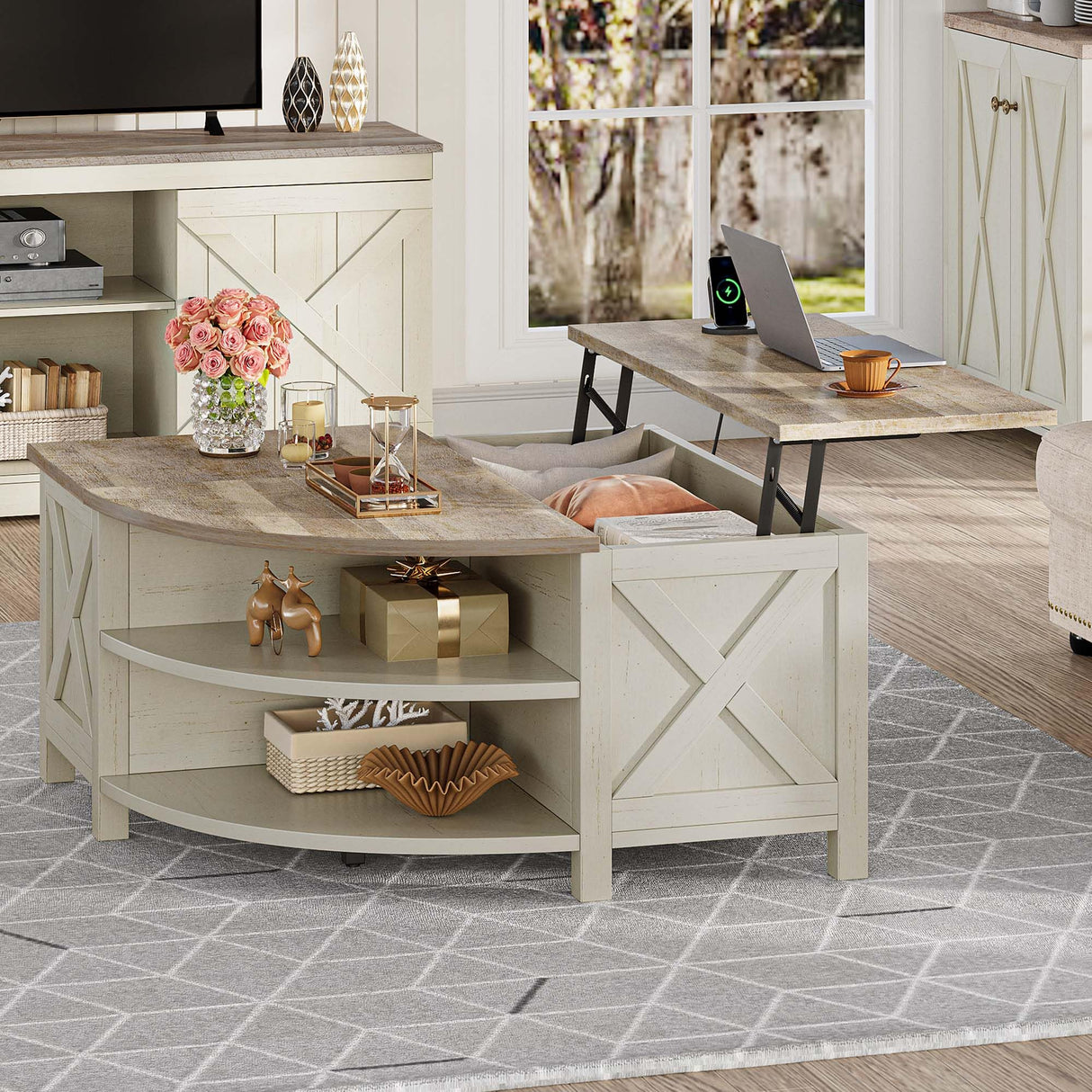 YITAHOME Farmhouse Lift Top Coffee Table with Storage, Wood Cured Center Table with Charging Station&USB Port, Living Room Table w/Large Hidden Space, for Bedroom, Home Office, Grey Wash YITAHOME