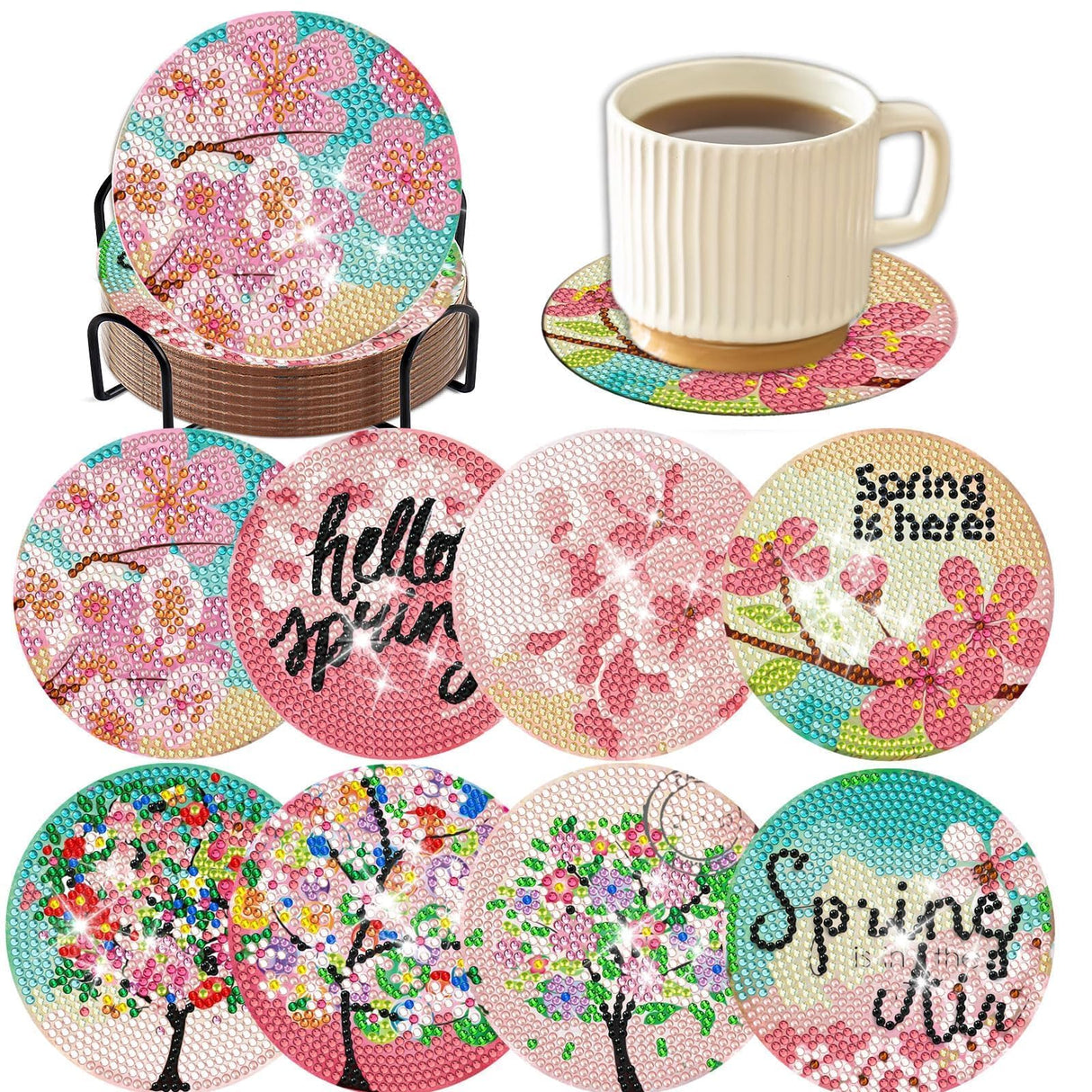 Denylo pro 8 Pcs Spring Tree Diamond Art Coasters Kits with Holder DIY Spring Tree Diamond Art Coaster for Gifts Beginner Adults Kids Art Table Home Craft Gift Supplies Denylo pro