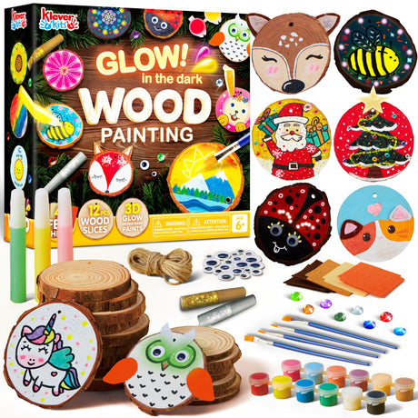 Klever Kits Wooden Painting Craft Kit-Glow in The Dark- Arts and Crafts for Kids Ages 6-12 Wood Slices with Art Activitiy Supplies, Wood Crafts for Boys Girls Party Gift Christmas Tree Ornaments Klever Kits