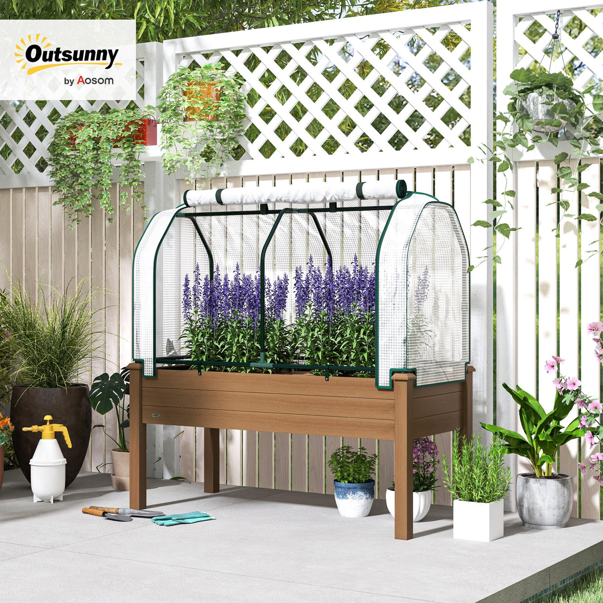 Outsunny Raised Garden Bed with PE Greenhouse Cover Outdoor Elevated Wood Planter Box for Herbs and Vegetables, Use for Patio, Backyard, Balcony, 48 x 22 x 46 inch, Brown Outsunny