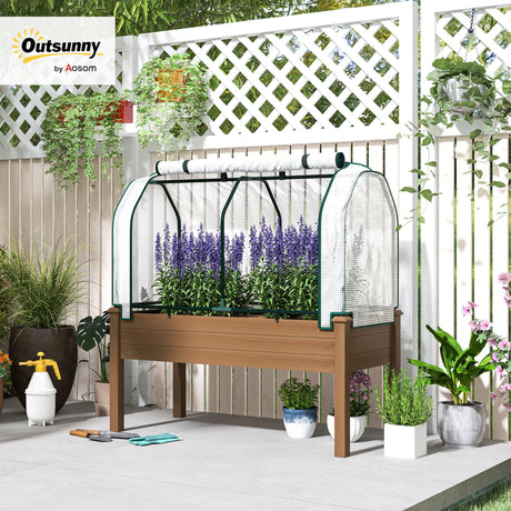 Outsunny Raised Garden Bed with PE Greenhouse Cover Outdoor Elevated Wood Planter Box for Herbs and Vegetables, Use for Patio, Backyard, Balcony, 48 x 22 x 46 inch, Brown Outsunny