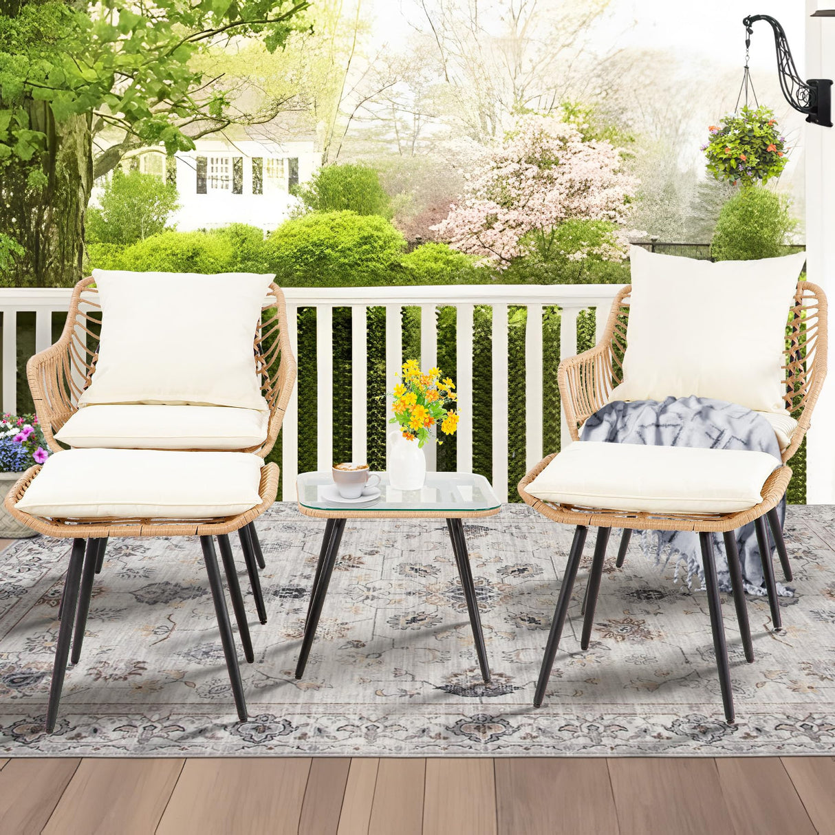 PORWEY 5 Piece Patio Bistro Set with Ottoman, Outdoor Wicker Apartment Balcony Furniture Sets, Rattan Table and Chairs Set of 2 for Porch Backyard Lawn Poolside Deck (Yellow/Beige) PORWEY