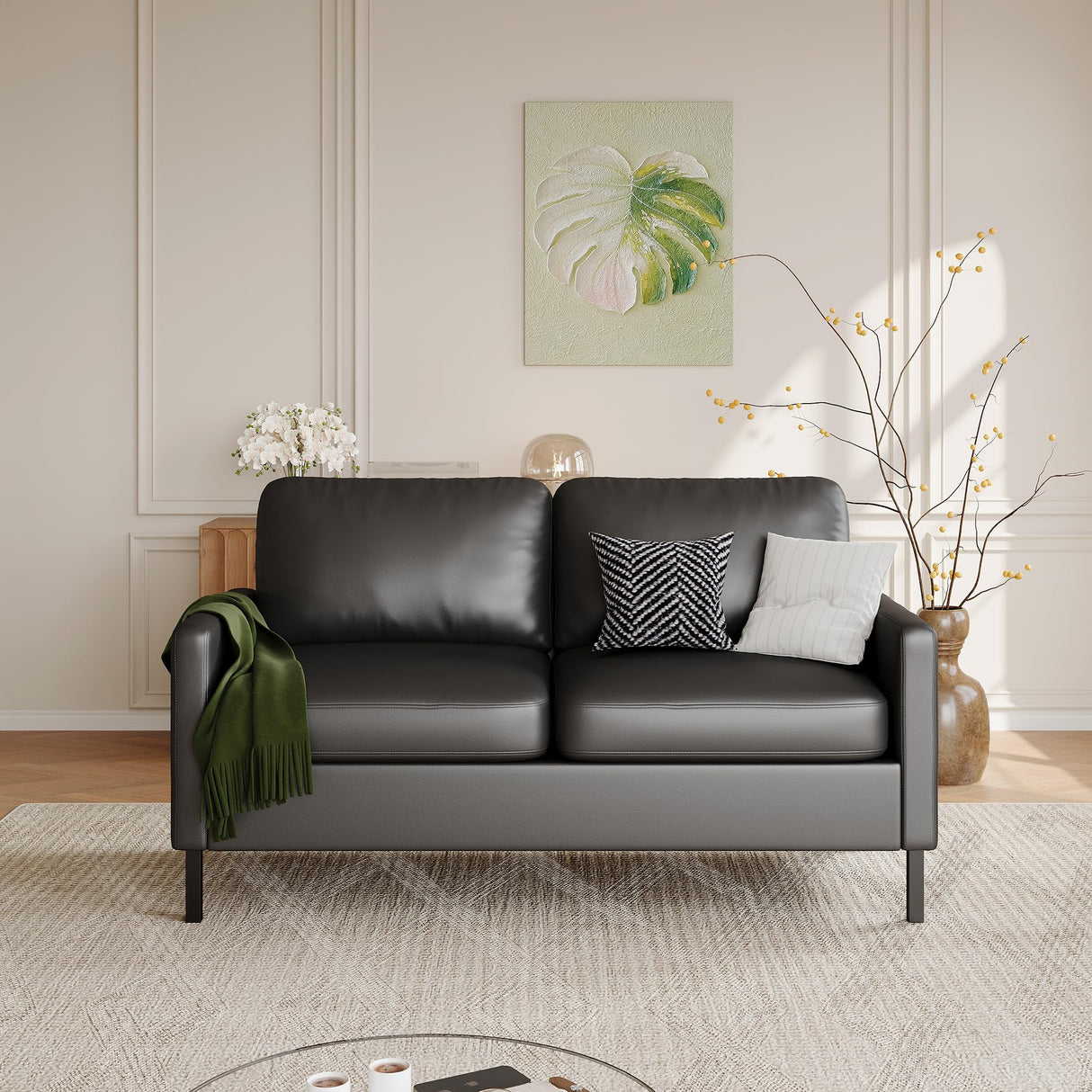 STHOUYN 56" W Faux Leather Loveseat w/ 2 USB, Black Love Seat w/Side Pockets, Small Loveseat for Small Space, Leather Couch for Bedroom, Apartment, Dorm, Black STHOUYN