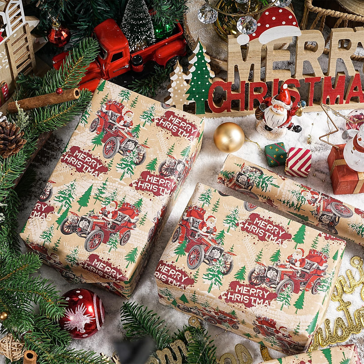 LeZakaa Kraft Christmas Wrapping Paper Roll, Santa Driving Vintage Red Car with Christmas Trees, Rustic Holiday Gift Wrap for Men Adults Kids, Xmas Winter Wonderland, Mini Roll 17 in x 16.4 Ft LeZakaa