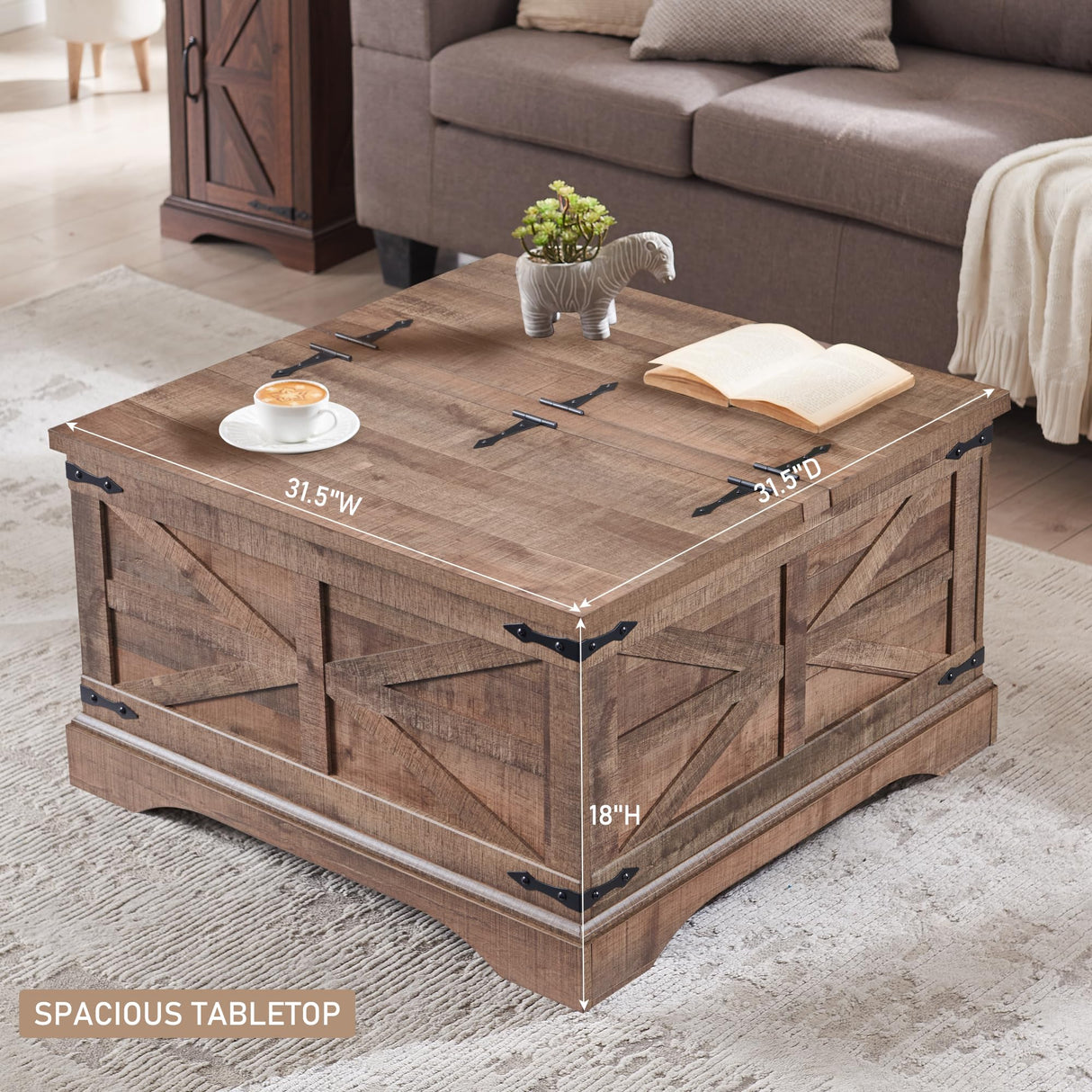JXQTLINGMU Farmhouse Coffee Table, Square Wood Center Table with Large Hidden Storage Compartment for Living Room, Rustic Cocktail Table with Hinged Lift Top for Home, Light Brown JXQTLINGMU