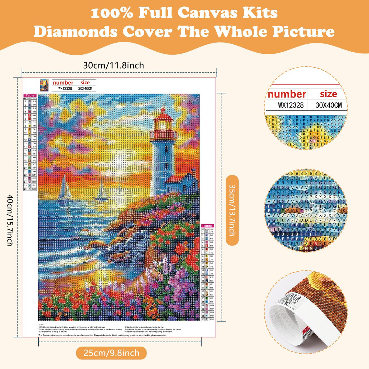 SENQAO Lighthouse Diamond Art Kits for Adults, Sunset Diamond Painting Kits for Beginners,Seaside Landscape Diamonds Pictures Gem Art for Adults Crafts Home Decor 12x16inch(Lighthouse,Waves, Flowers) SENQAO