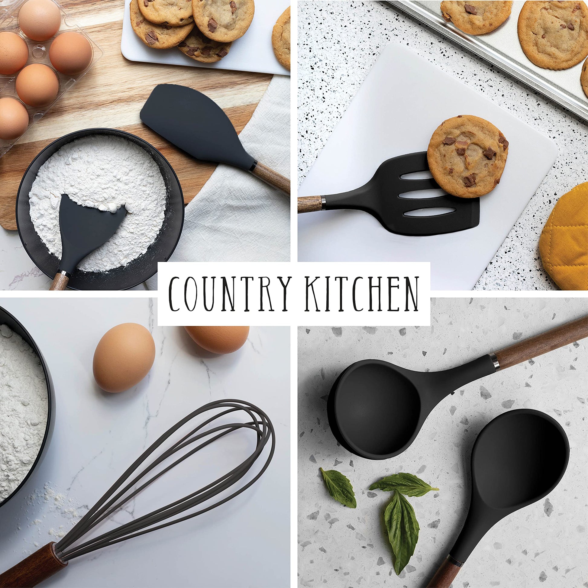 Country Kitchen Silicone Cooking Utensils, 8 Pc Kitchen Utensil Set, Easy to Clean Wooden Kitchen Utensils, Cooking Utensils for Nonstick Cookware, Kitchen Gadgets and Spatula Set - Black - WoodArtSupply