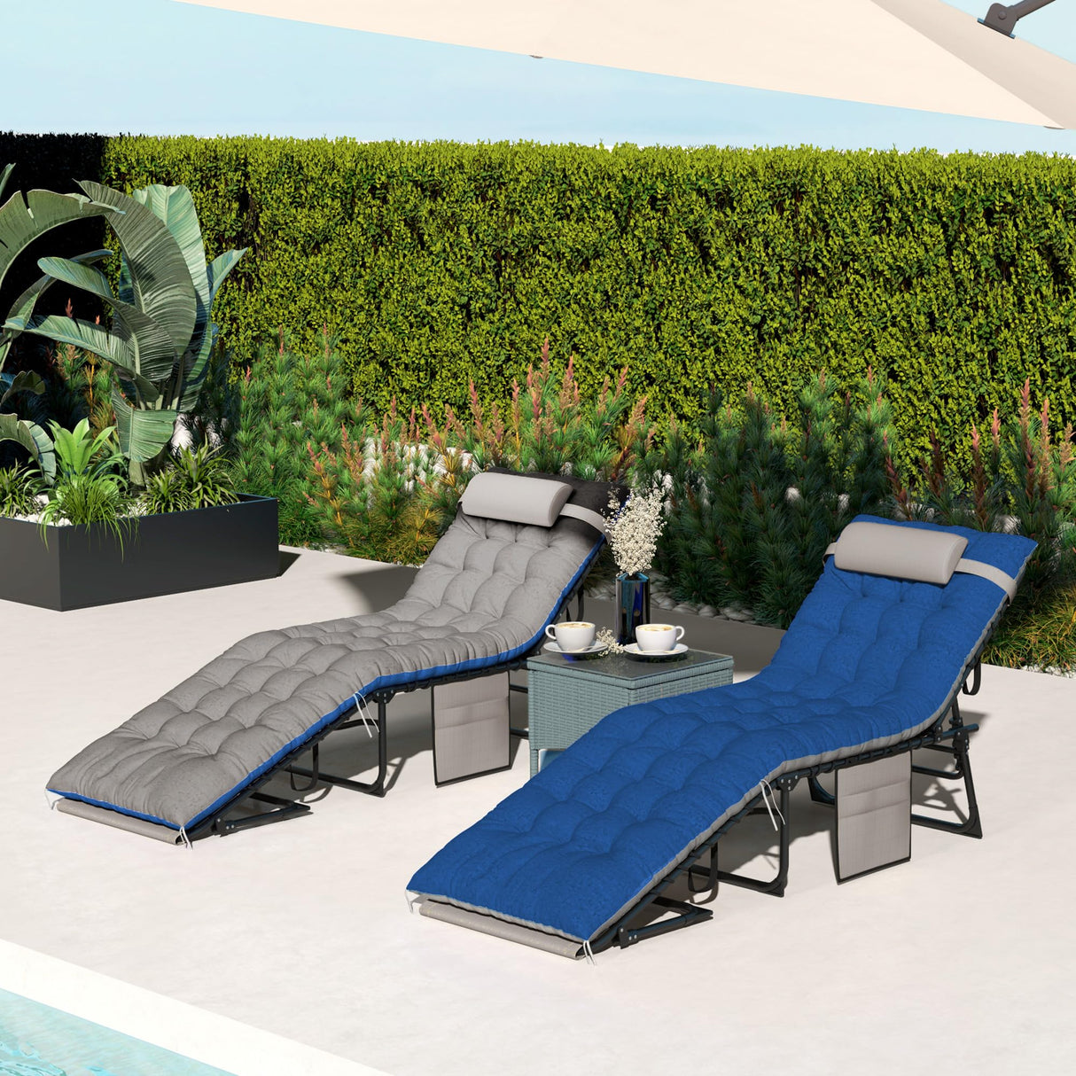 Outsunny Chaise Lounge Chair Outdoor Set of 2, 5-Position Adjustable Outdoor Pool Lounge Chairs, Folding Tanning Chair Beach Lounger with Cushion, Headrest, Side Pocket for Patio, Yard, Brown/Blue Outsunny