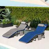 Outsunny Chaise Lounge Chair Outdoor Set of 2, 5-Position Adjustable Outdoor Pool Lounge Chairs, Folding Tanning Chair Beach Lounger with Cushion, Headrest, Side Pocket for Patio, Yard, Brown/Blue Outsunny