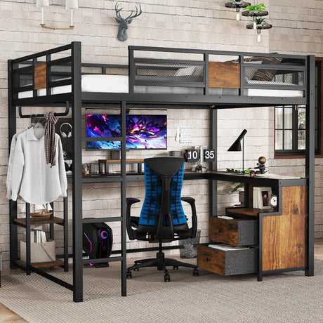 Queen Loft Bed with L-Shaped Desk and Storage Drawers, Queen Size Loft Bed Frame with Computer Monitor Stand, Corner Shelf and Hanger Rod, Adults Loft Beds Nosie-Free, Black Bellemave