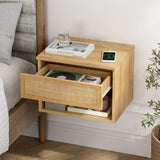 MoomJiee Rattan Floating Nightstands Set of 2, Wall Mounted End Table with Drawer and Open Compartment Modern Wood Bedside Night Stand Storage Cabinet for Bedroom Living Room, Natural Oak MoomJiee