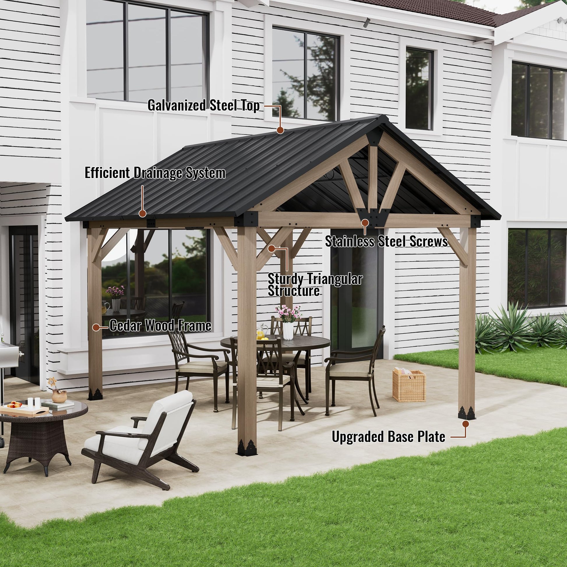 MONDAWE 10 x 12 ft. Wood Gazebo Cedar Framed Wooden Gazebo Patio Steel Hardtop Gazebo with Galvanized Steel Gable Hardtop Roof for Patio Lawn Backyard, Black Roof + Dark Wood Frame - WoodArtSupply