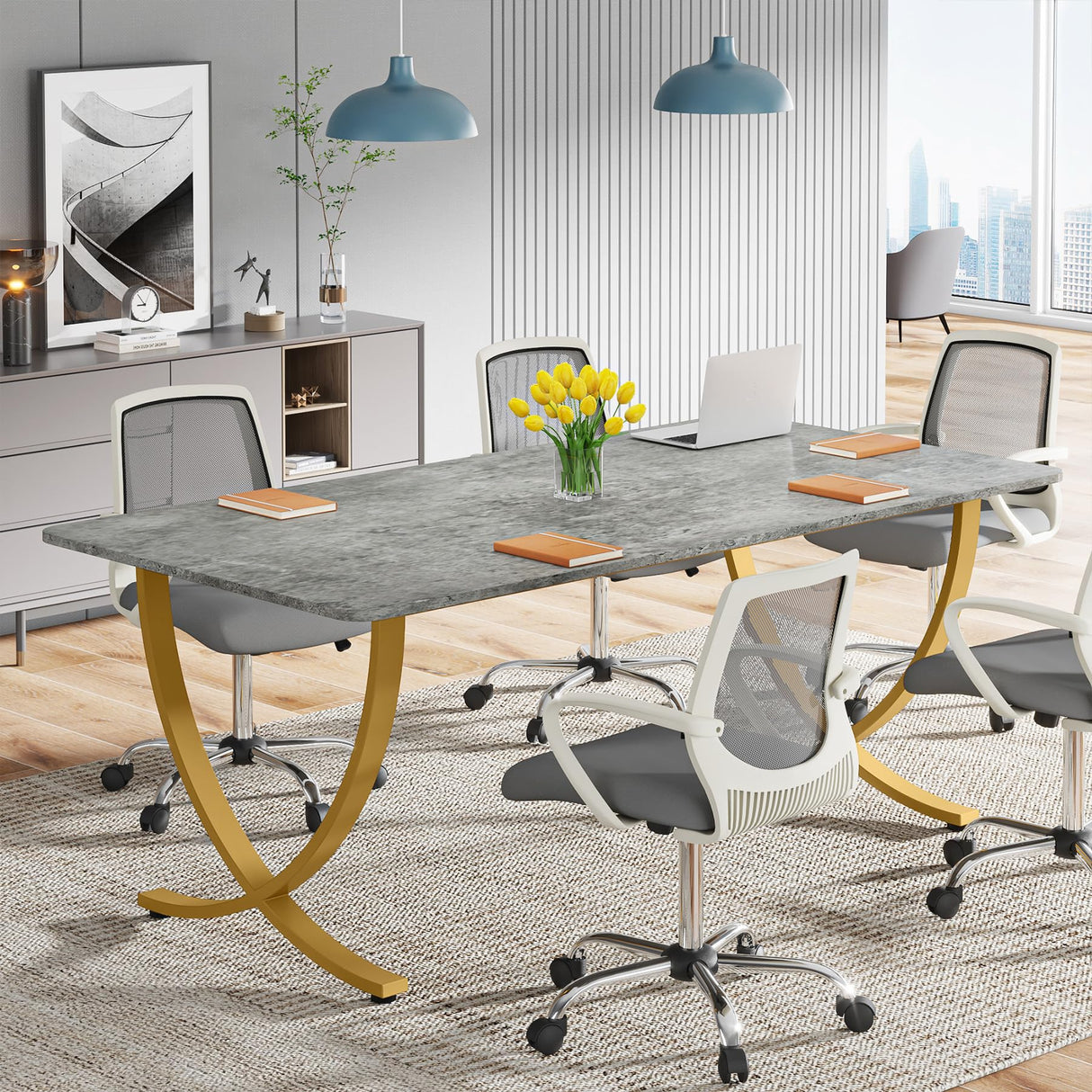Tribesigns Executive Desk, 63” W x 31.5” D Large Office Desk, Modern Computer Desk Conference Table Meeting Room Table, Business Furniture for Home Office, Gray and Gold Tribesigns