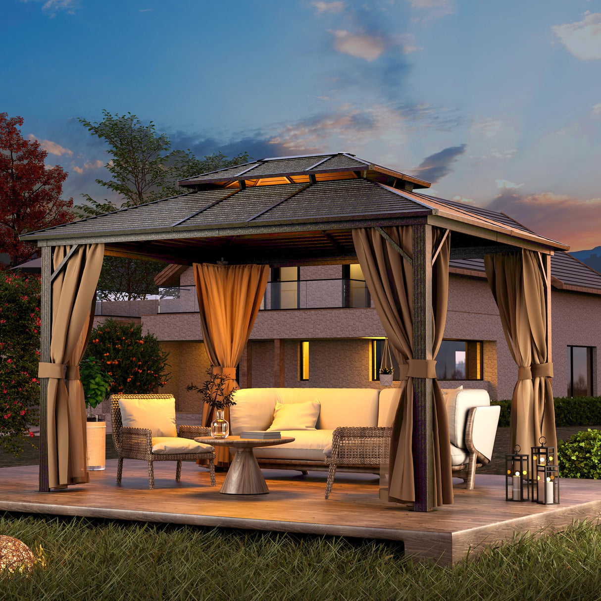 HAPPATIO 10' x 12' Hardtop Gazebo with Aluminum Frame, Outdoor Gazebo Hardtop with Galvanized Steel Double Roof for Deck, Backyard, Patio, Lawns (Brown) HAPPATIO