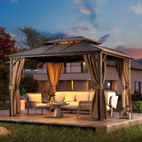 HAPPATIO 10' x 12' Hardtop Gazebo with Aluminum Frame, Outdoor Gazebo Hardtop with Galvanized Steel Double Roof for Deck, Backyard, Patio, Lawns (Brown) HAPPATIO