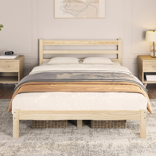 Yaheetech Solid Pine Wood Full Bed Frame with Paneled Headboard and Wooden Slat Support - WoodArtSupply