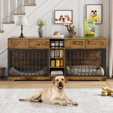 IDEALHOUSE 82” Large Dog Crate for 2 Dogs, Dog Kennel Indoor with 4 Drawers and Shelves, Double Dog Crate Furniture TV Stand, Wooden Dog Cage for Medium Large Dogs, Brown IDEALHOUSE
