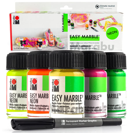 Marabu Easy Marble Paint Set - Neon Colors Starter Set - Marbling Paint Kit for Kids and Adults - Hydro Dipping Paint for Tumblers, Ceramic, Paper, Glass, Plastic - 5 x 15ml Bottles Marabu
