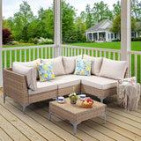 SunloungeCo 5-Piece Patio Furniture Set, Outdoor Wicker Sectional Sofa with Coffee Table, Anti-Slip & Thick All-Weather Cushions for Sunroom,Garden,Backyard, Beige SunloungeCo
