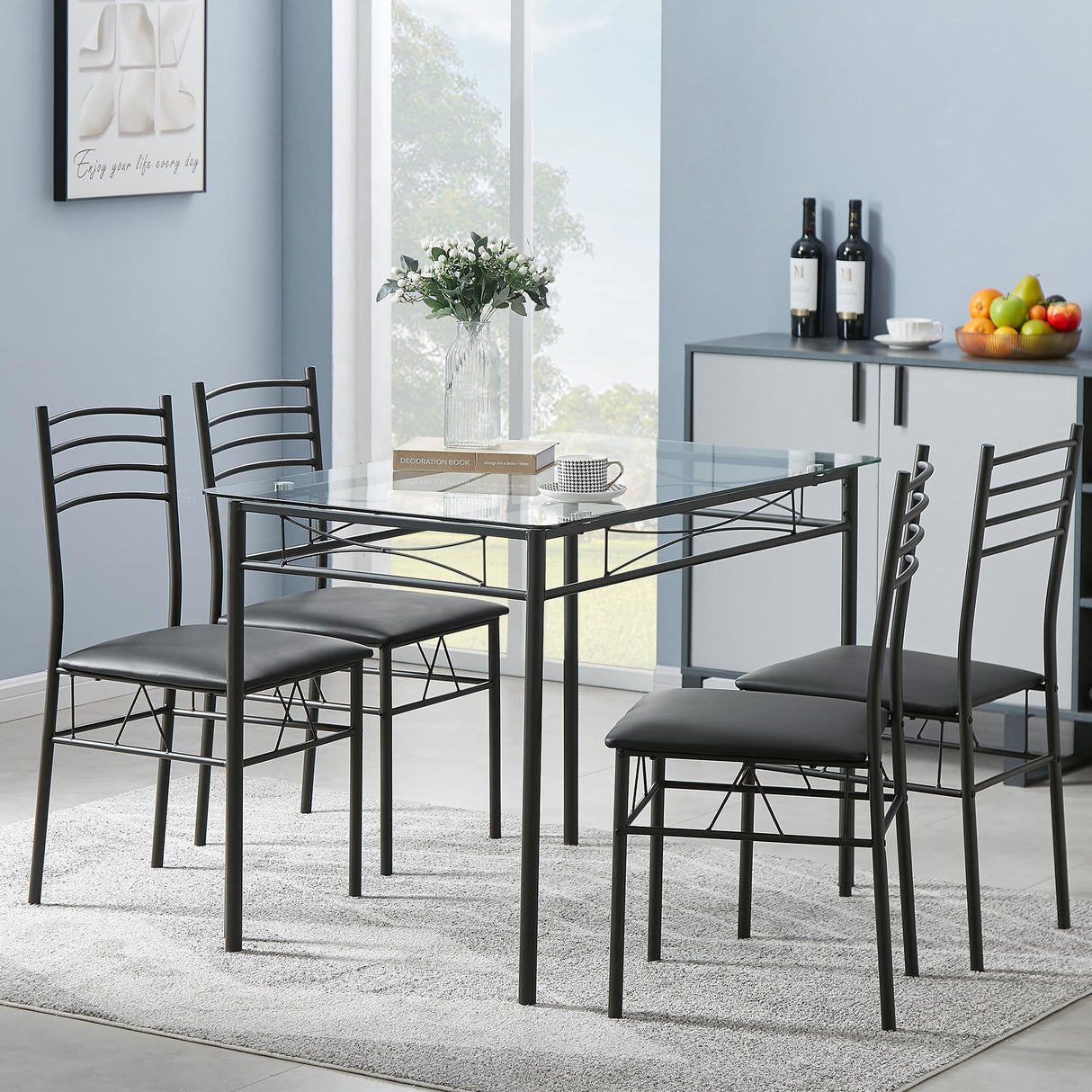 VECELO 5-Piece Kitchen Dining Table Set, Glasses Tabletop & Heavy-Duty Metel Frame, Rectangle Dinette with 4 Chairs for Small Space, Breakfast Nook, Glasses & Black VECELO
