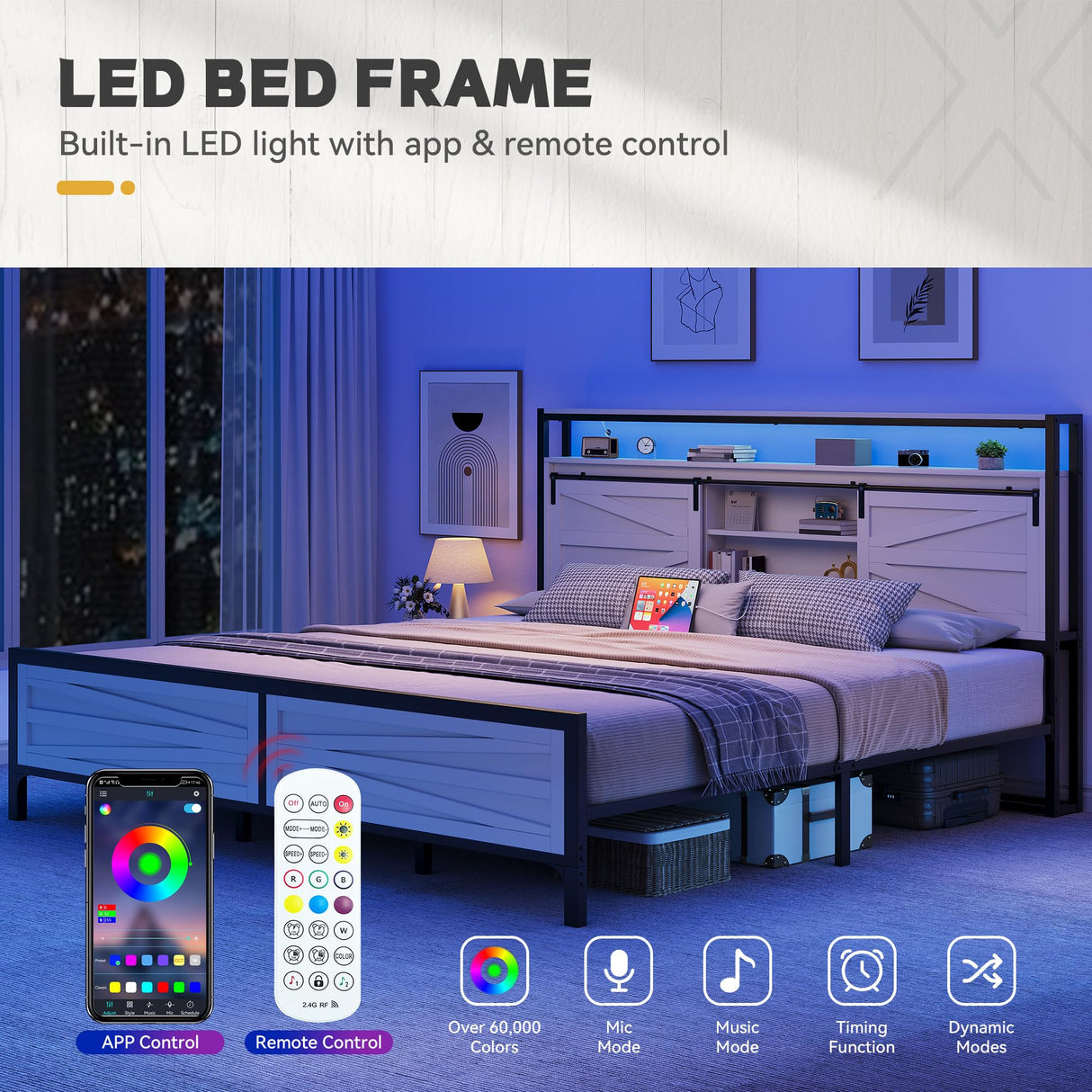 YITAHOME Farmhouse King Bed Frame with Storage Bookcase Headboard, Platform Bed Frame with LED Lights and Charging Station, Sliding Barn Door, Solid Metal Slats, No Box Spring Needed (White) YITAHOME