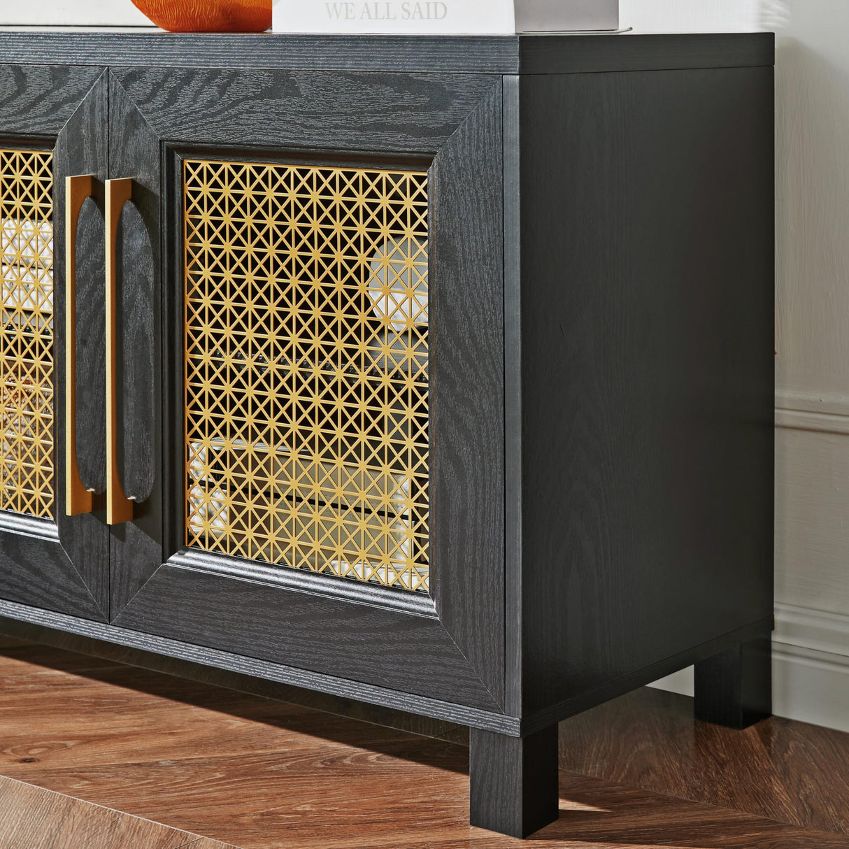 JYED Mid Century Modern TV Stand for TVs up to 75", with Gold Hollow Metal Mesh Decorated, Boho TV Console with Storage Cabinets, Black TV Stand for Living Room, 69.5"x15.6"x24.8" JYED DECOR