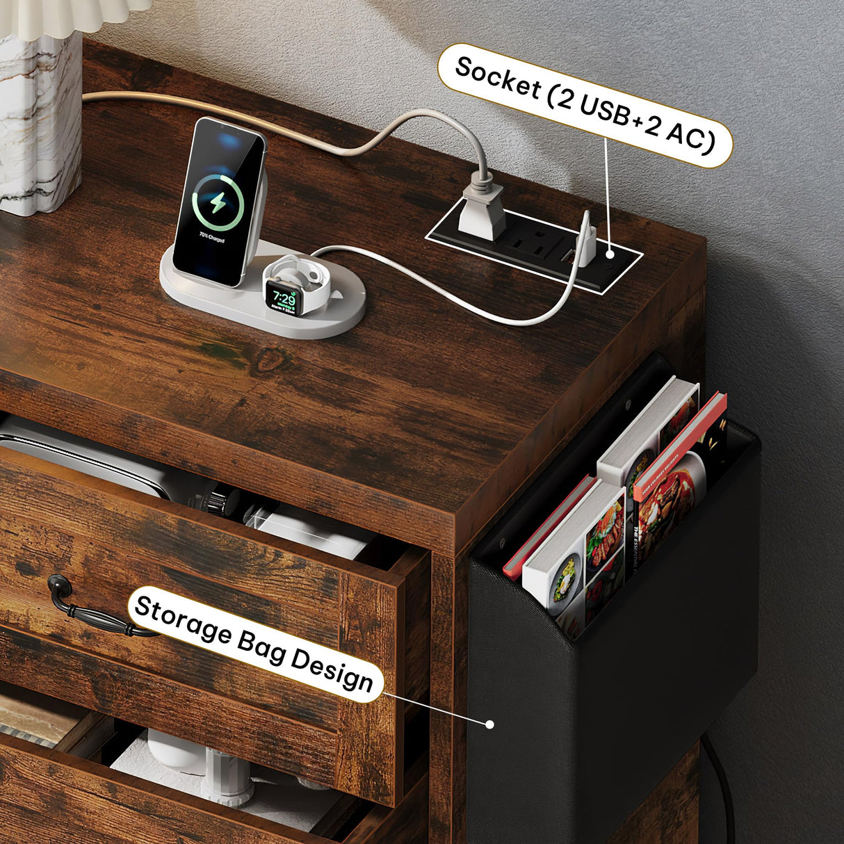 YITAHOME Rustic Brown Drawers TV Stand for 65 inches with Power Outlets -Chest of Drawers Dresser with Side Organizer Bag Entertainment Center TV Console YITAHOME